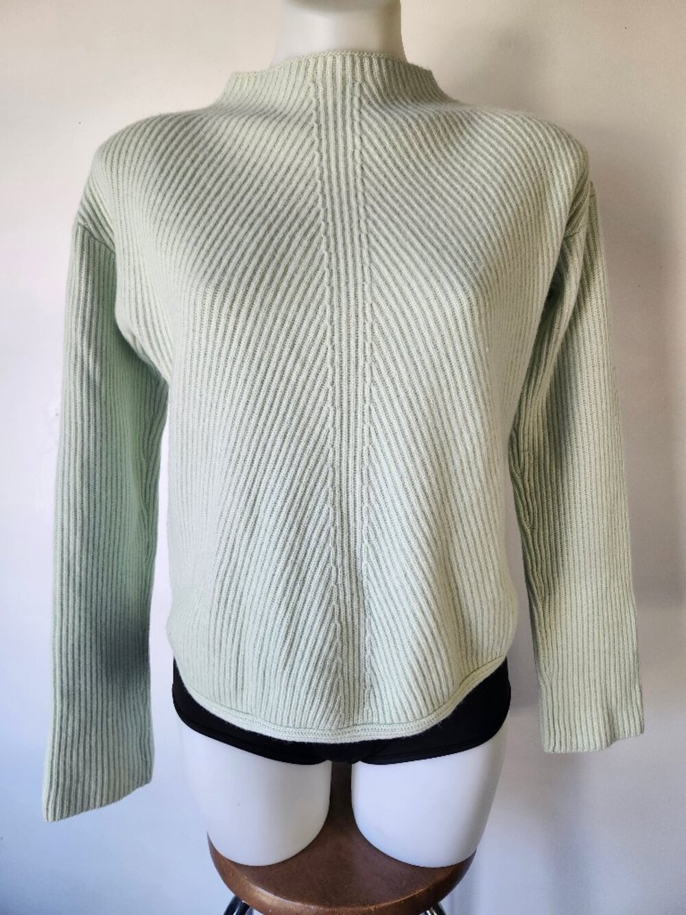 Babaton Mint Green Ribbed Mock Sweater Natural Wool Linen Fabric